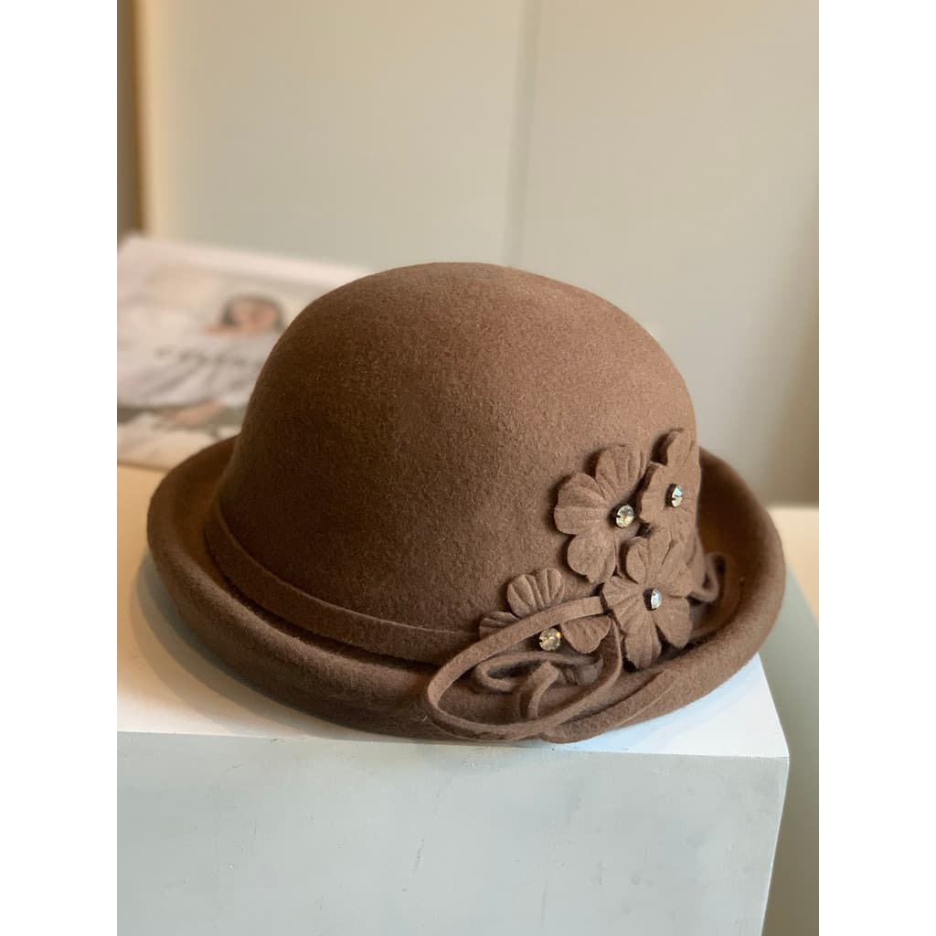 Retro elegante flor pote de lã chapéu feminino outono inverno britânico All-Match chapéu redondo de aba curta chapéu de