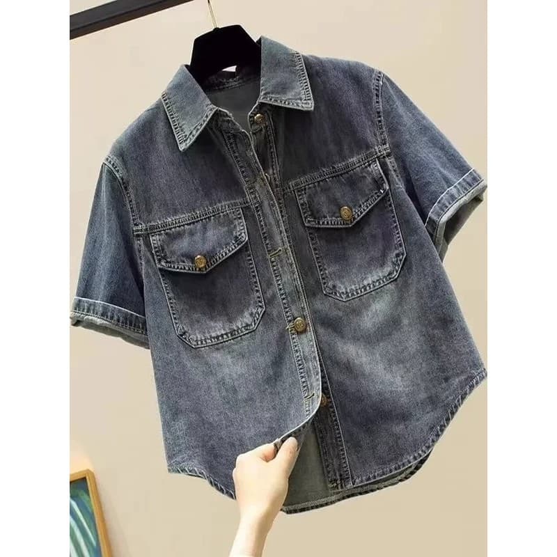 Camisa jeans de manga curta jaqueta feminina 2025 All-Match curto solto camisa Casual Cardigan europeu na moda