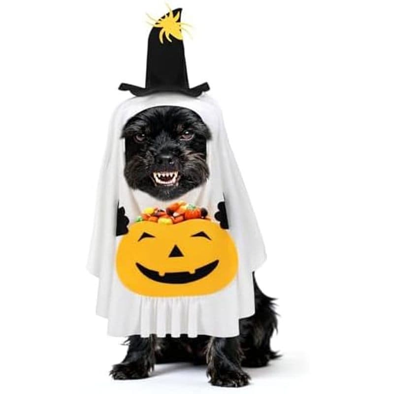 Fantasias De Halloween Para Cães Com Bolso De Doces De Abóbora-Fantasia De Fantasma Branco Fixa Segurança Fita De Gancho
