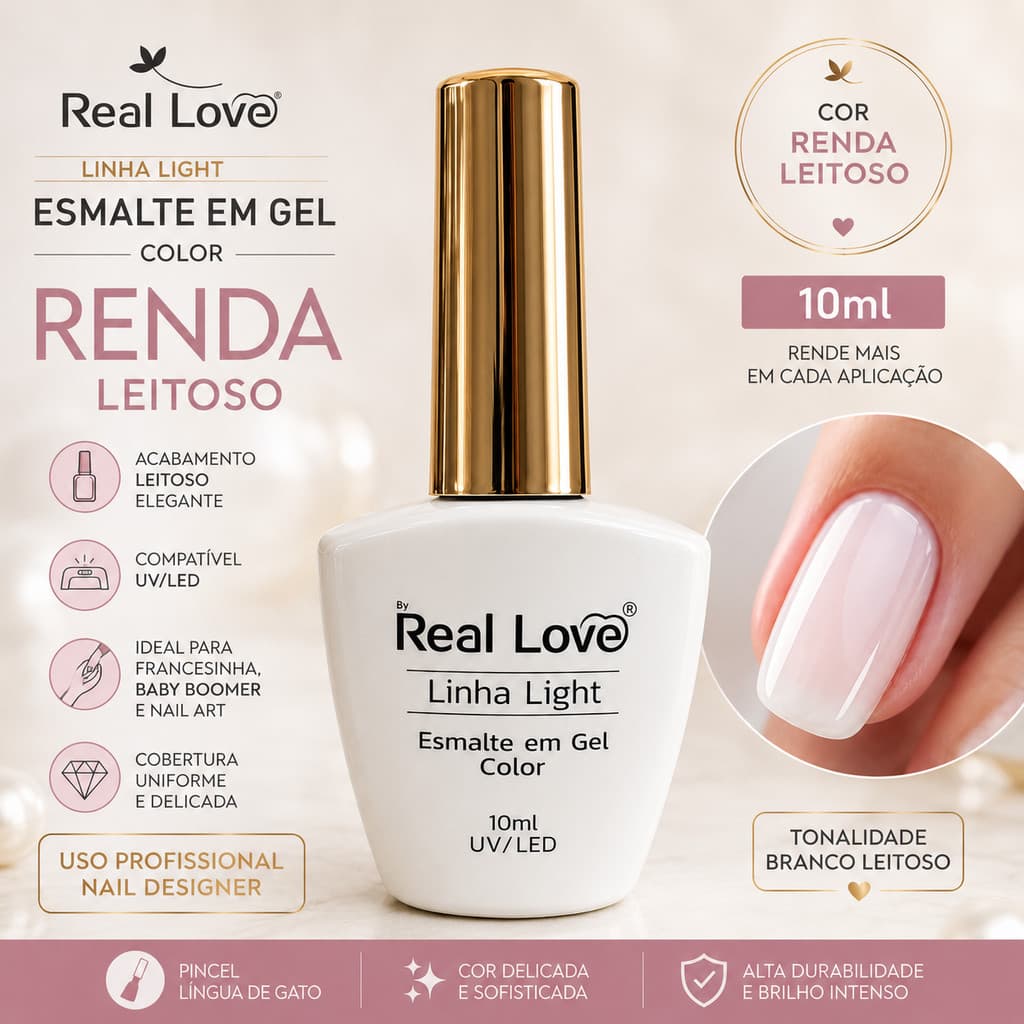 Esmalte em Gel Real Love Renda Leitoso 10ml UV/LED Linha Light Branco Leitoso