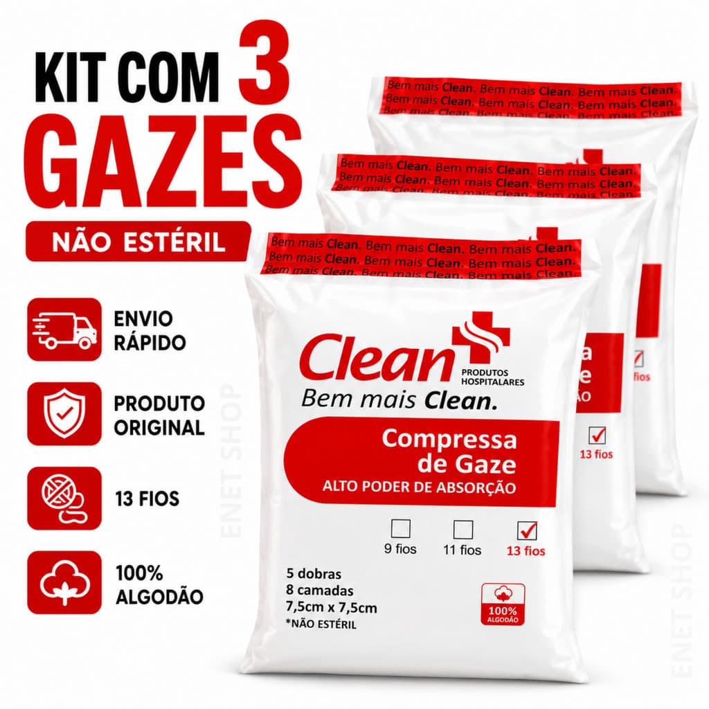 Kit 3 Compressas de Gaze 660un 13 Fios 7,5x7,5 cm 100% Algodão, Alta Absorção, 8 Camadas, Envio Rápido