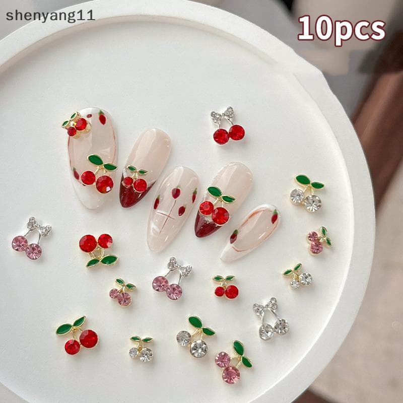 shen 10 Peças Cereja Prego Strass 3D Charme Frutas Vermelhas Diamante Joias De Cristal Y2K Liga Gemas De Unhas Para Mulh
