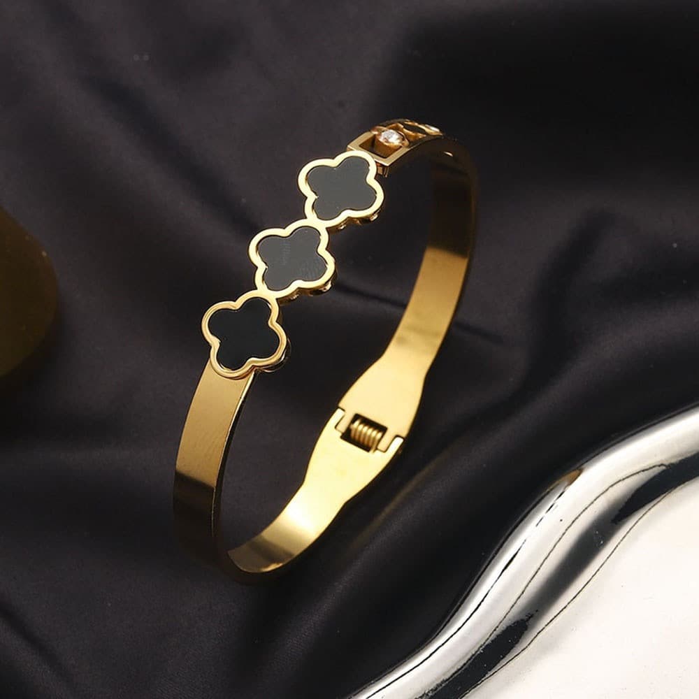 Pulseira de aço inoxidável com trevo de quatro folhas, pulseira feminina em ouro 18K 0TKC DMKF