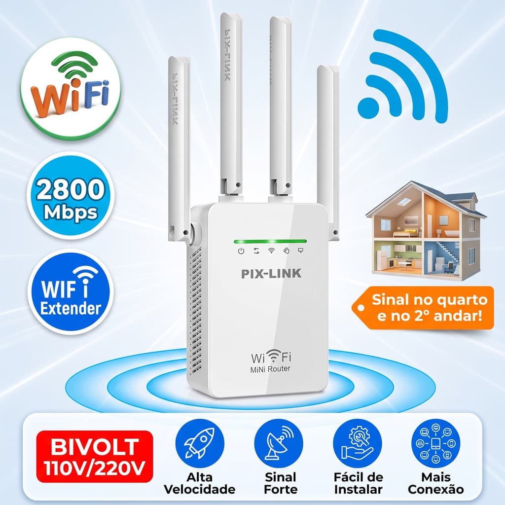 Repetidor Sinal WiFi 4 Antenas 2800Mbps – Para Pontos Cegos em Casa, Extensor de Longo Alcance, 110V/220V