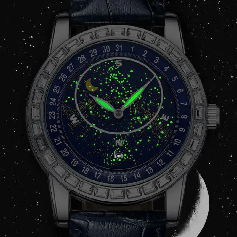 Novo relógio masculino com mostrador giratório de céu estrelado, relógio moderno não mecânico, à prova d'água e luminoso