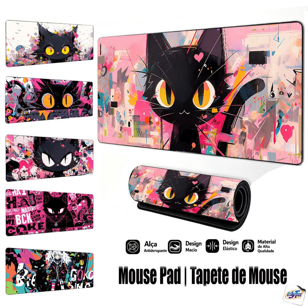 Mouse Pad Gamer Tapete de Mouse 80x30cm Gato de Grafite de Rua Antiderrapante Borda Costurada FPS Escritório