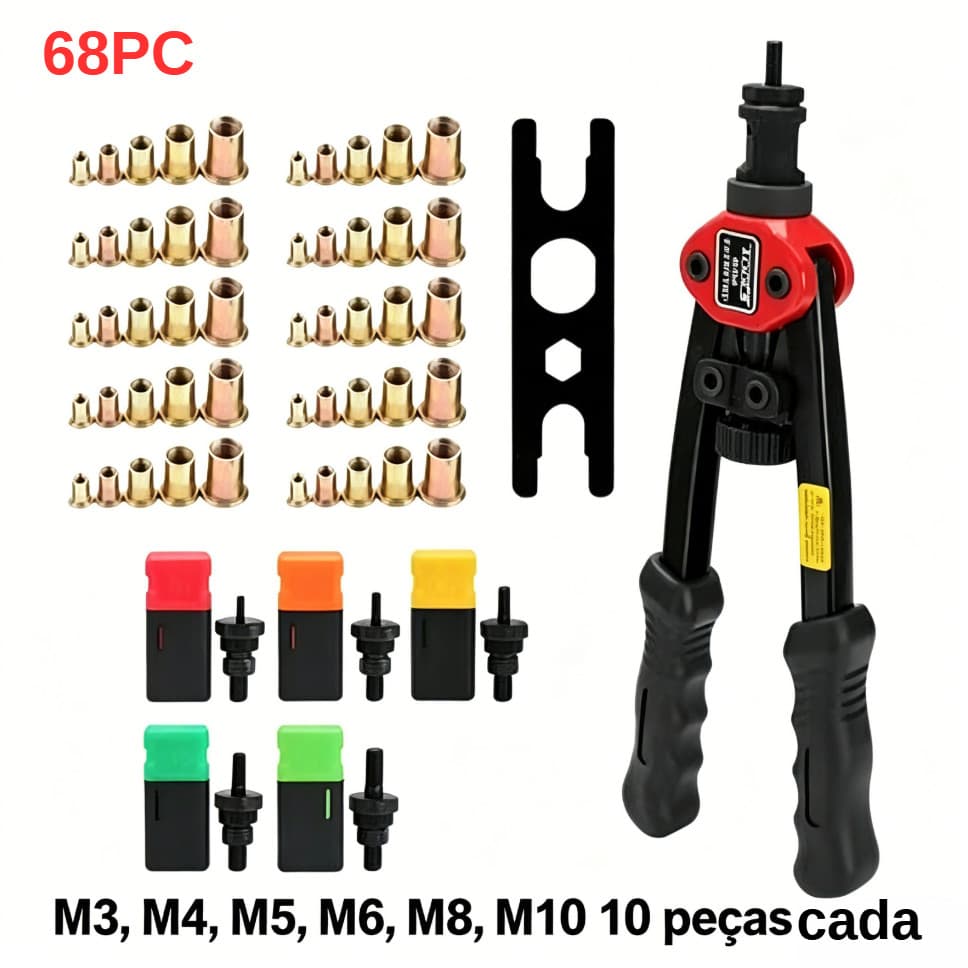 Kit Rebitador Manual BT606 com 60 Porcas Rebite Rosca M3 a M10 Cabeça Plana Alicate Rebitadeira