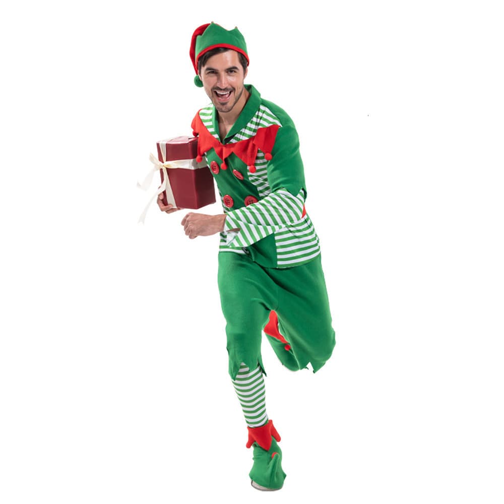 Traje de natal grande masculino listrado elfo de natal masculino festa de feriado traje de carnaval