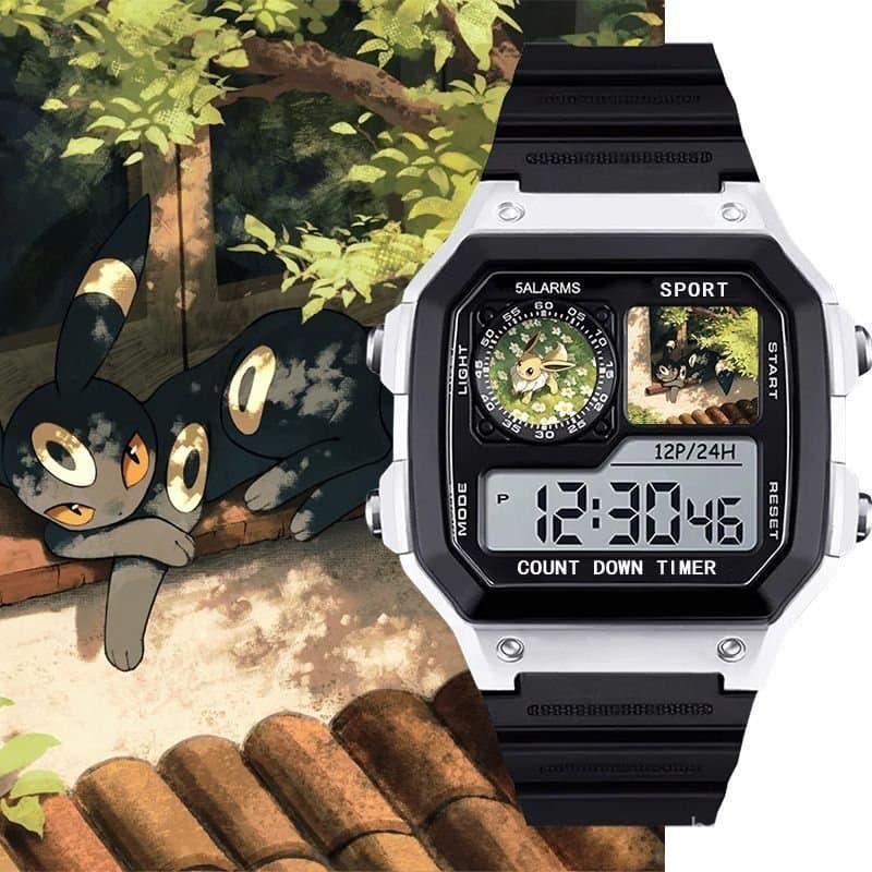 Relógio eletrônico popular do anime Pokémon Pikachu, relógio eletrônico pequeno quadrado com tema 2D para estudantes, de