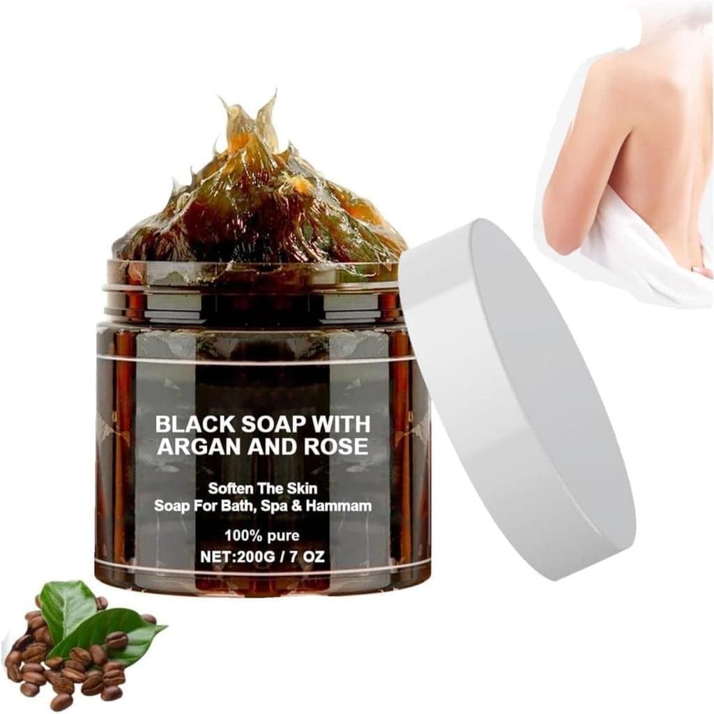 Sabonete preto marroquino Berdy contém óleo de Argan e sabonete corporal esfoliante africano com óleo de rosa, ingredien