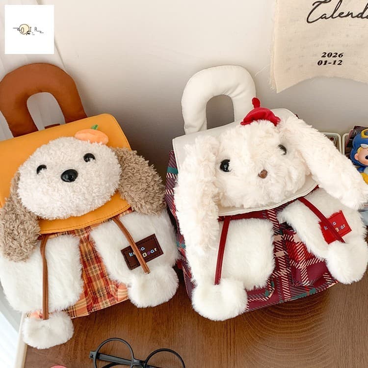 Mochila Fofa De Pelúcia Com Cabeça De Cachorrinho-Bolsa Pequena Xadrez De Desenho Animado Para Meninas