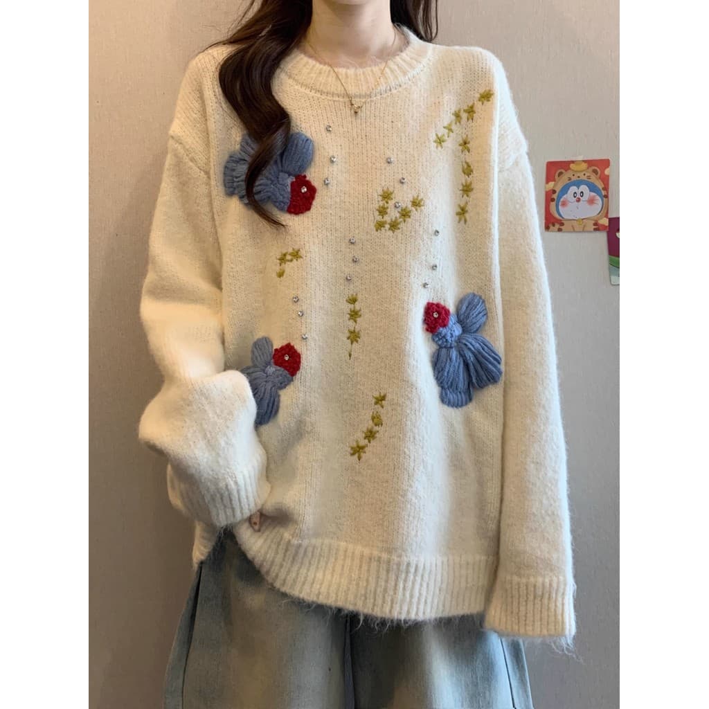High-End indústria pesada frisado bordado camisola topo feminino outono inverno 2026 novo estilo tamanho grande gordura
