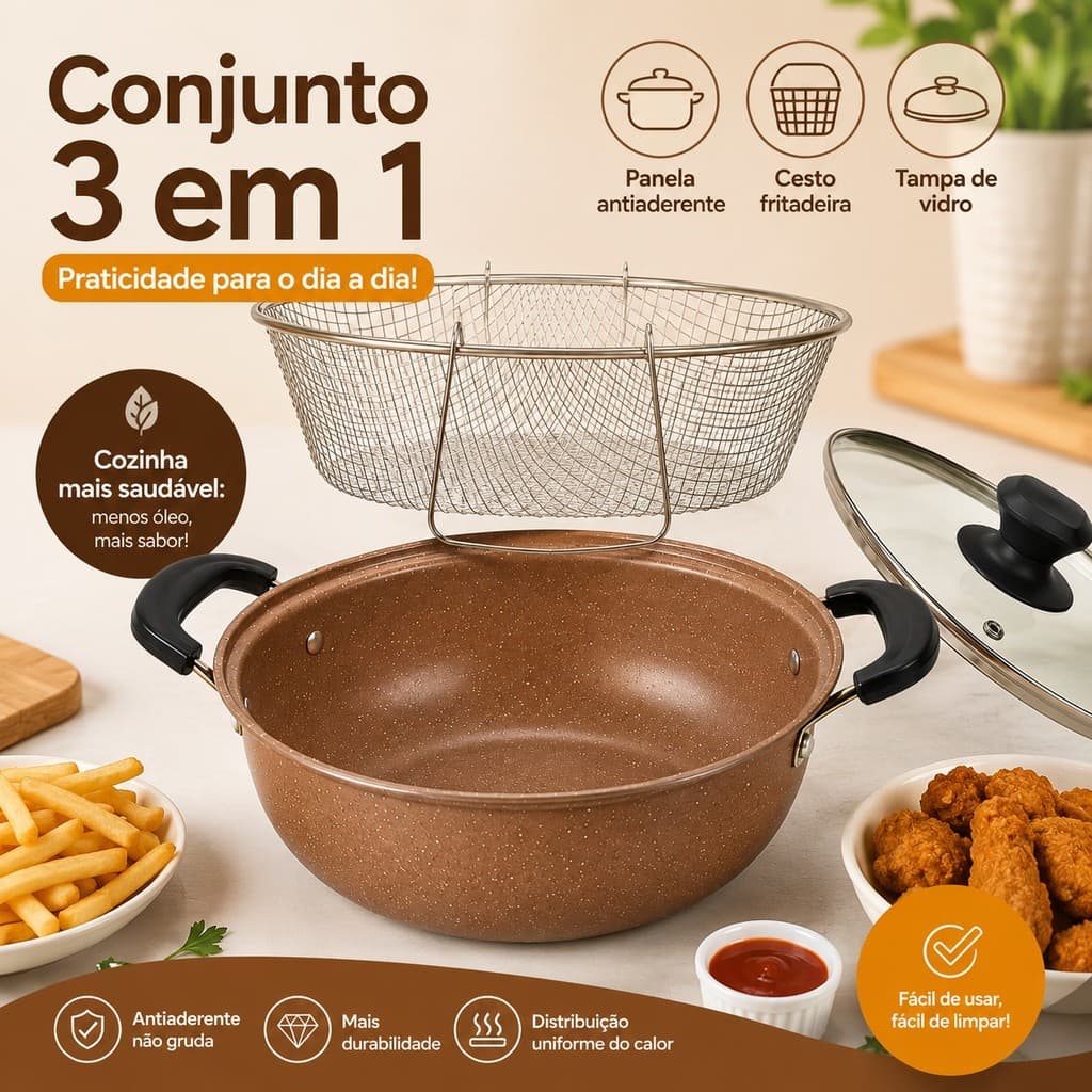Fritadeira Panela 28 cm com Cesto Inox e Tampa de Vidro para Batata Frango e Petiscos