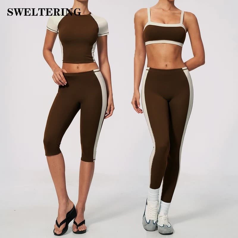 Conjunto de Fitness de 2 Peças, Conjunto de Yoga de Manga Curta, Roupas Esportivas Capri, Conjunto de Treino Feminino, R