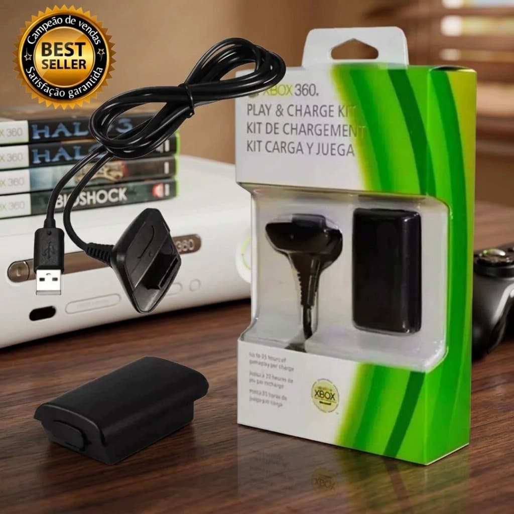 Bateria Controle Xbox 360 Recarregável Com Cabo Carregador USB 1.5m Para Controle Sem Fio Bivolt Preto