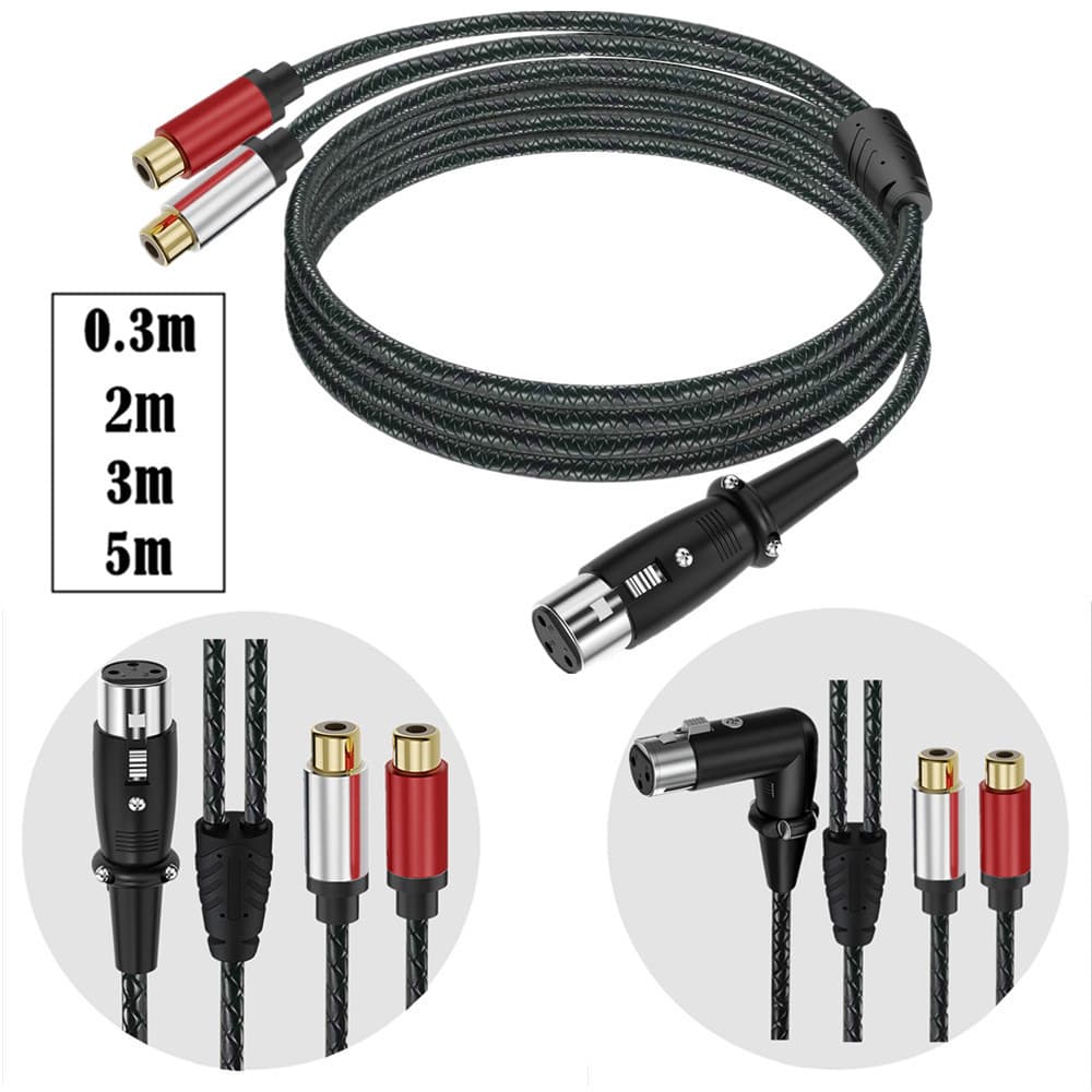 Cabo de áudio XLR fêmea para 2RCA fêmea | 0.3-5m | Cotovelo de 90 graus Super macio | Cabo de extensão dividido de áudio