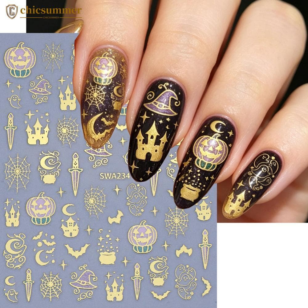 CHICSUMMER Bronzeamento Halloween Magia Arte Do Prego Glitter Adesivos Castelo Assistente Chapéu Fantasma Abóbora 3D Dec