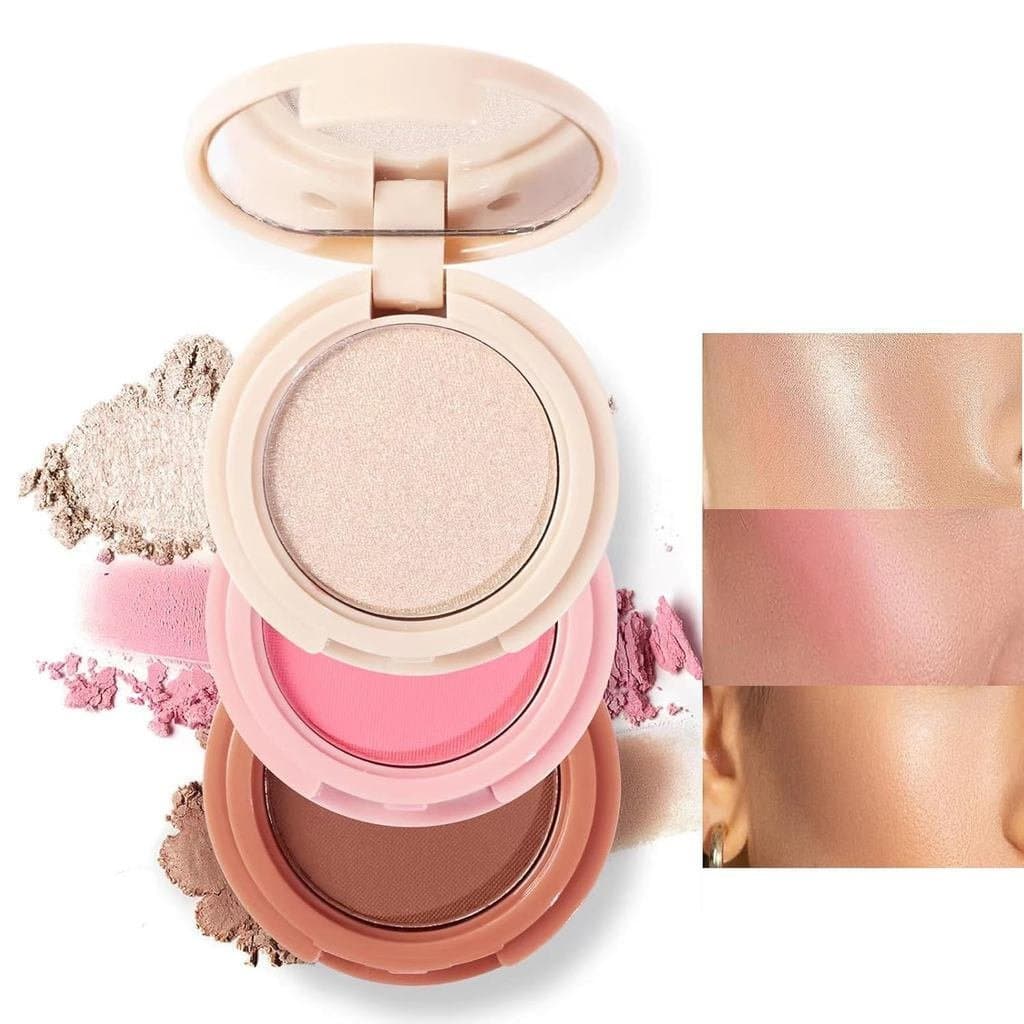 Paleta de Maquiagem 3 em 1: Blush, Contorno e Iluminador, Bronzer em Creme, Blush em Pó Sedoso, Iluminador em Pó Cintila