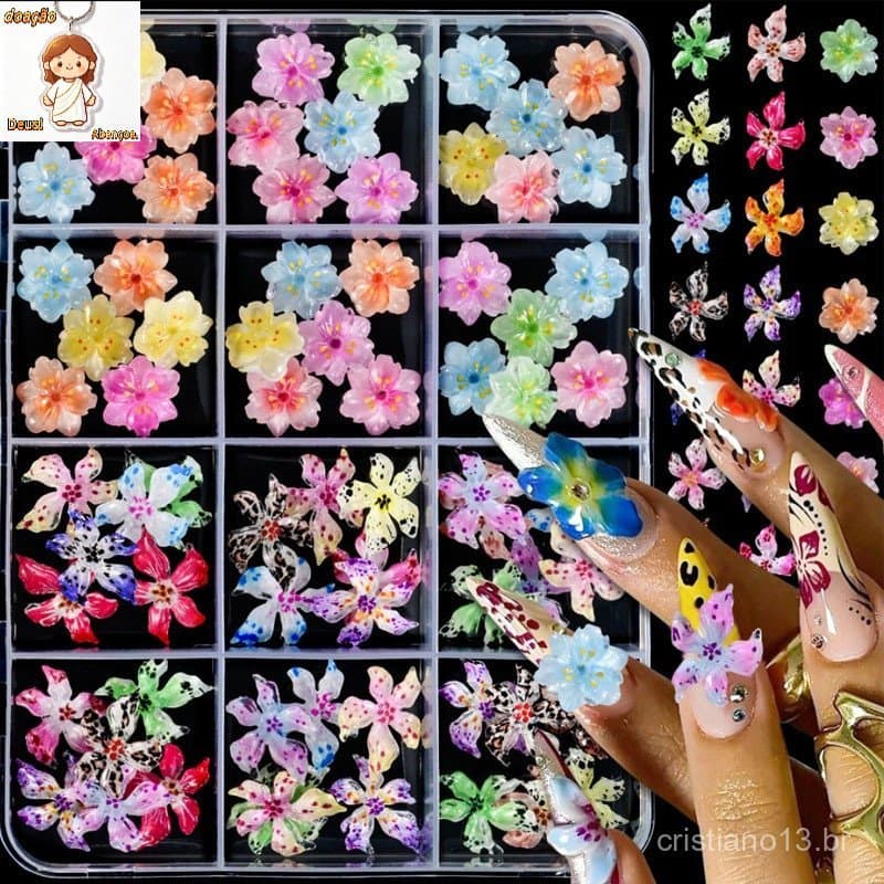 72 peças de Strass 3D em Forma de Flores e Laços para Decoração de Unhas Acrílicas Acessórios para Manicure