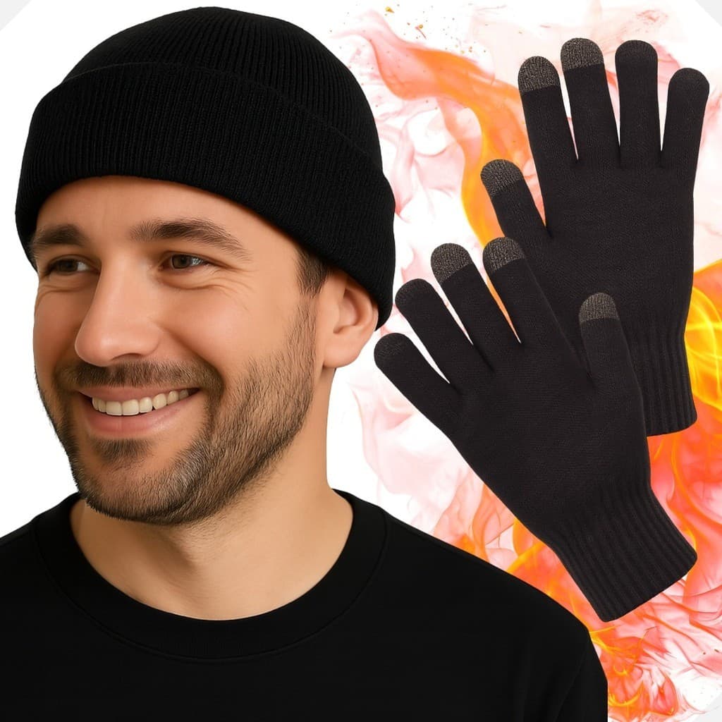 Kit Luva + Touca Gorro Lã Preta Básica Frio Inverno Unissex