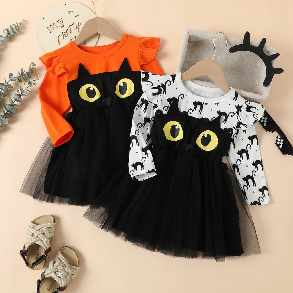 Halloween traje infantil pequeno médio meninas vestido de outono de manga comprida dos desenhos animados gaze vestido de