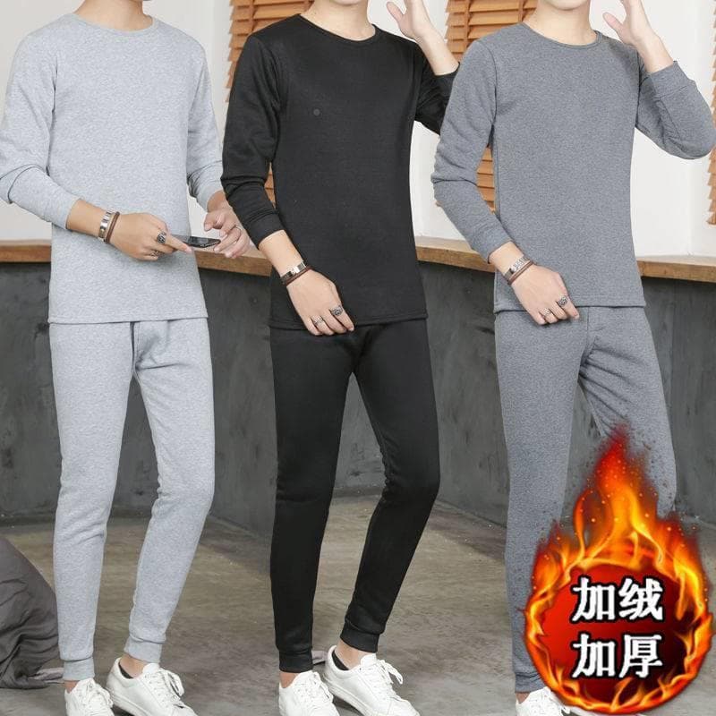 Roupa interior térmica masculina, forrada com fleece, gola redonda, moletom de algodão juvenil, calças slim-fit de outon