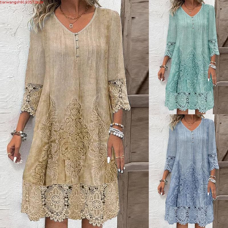 Primavera outono cor sólida vestido de renda senhoras Casual solto vestido de comprimento médio