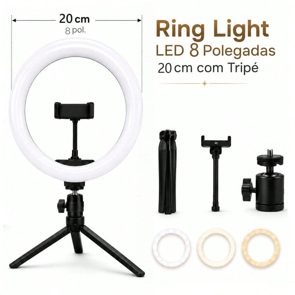 Ring Light LED Iluminador Circular com Mini Tripé de Mesa + Suporte Celular Luz Ajustável para Live
