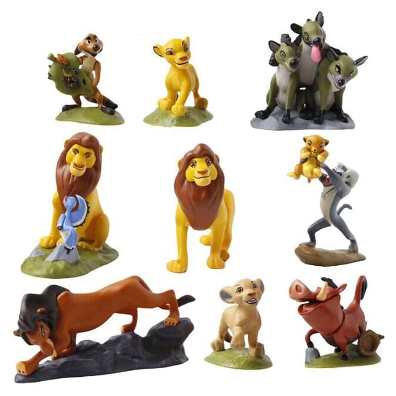 Conjunto de 9 peças do filme da Disney "O Rei Leão" com figuras de anime do Simba, Nana, Pumbaa, Timon, Mufasa, Shrek e