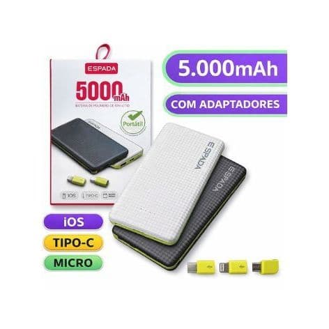 Carregador Portátil Power Bank Slim 5000mAh Universal - Cabos Embutidos iPhone Tipo C V8 (Original PN-952E)