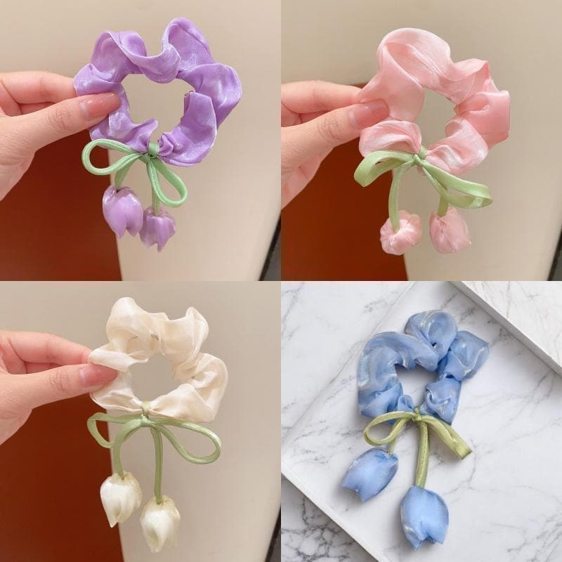 4 Pçs Moda Acessórios Para O Cabelo Bonito Tulipa Flor Intestino Grande Scrunchie Meninas Doce Ornamento De Laço