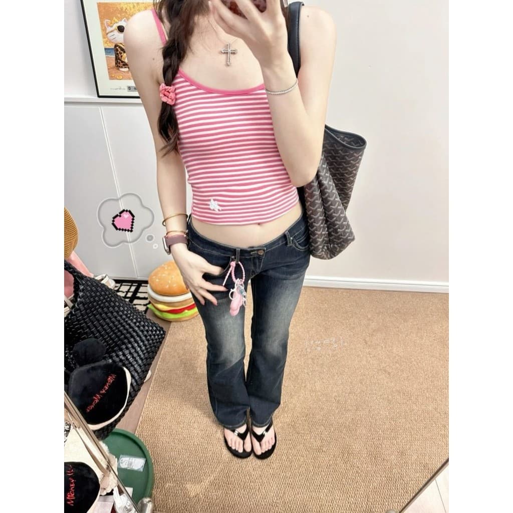 Camisola listrada rosa estilo menina quente americana feminina verão novo estilo