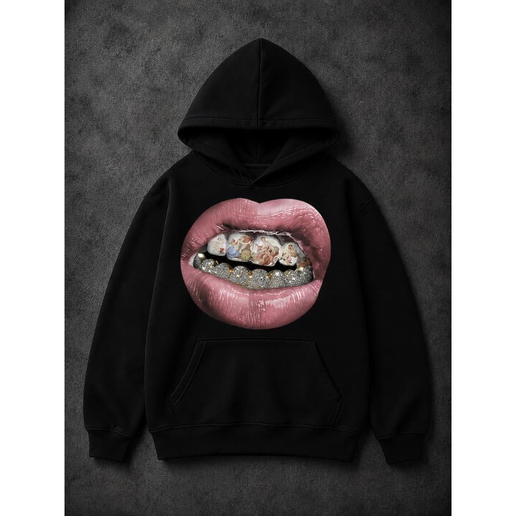 Moletom Canguru Boca Grills Streetwear Blusa de Frio Diamante Fashion Y2K Streetwear Casual