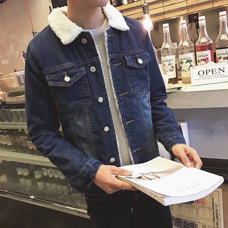 Jaqueta de Denim de Algodão Grosso para Homens, Versão em Lã para Outono e Inverno 6BCQ R9BD