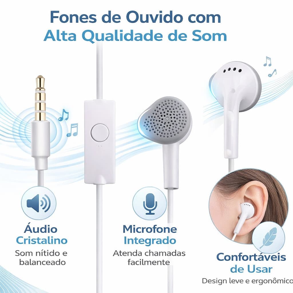 Fone de ouvido Branco  headset com fio e microfone, entrada de 3.5mm barato