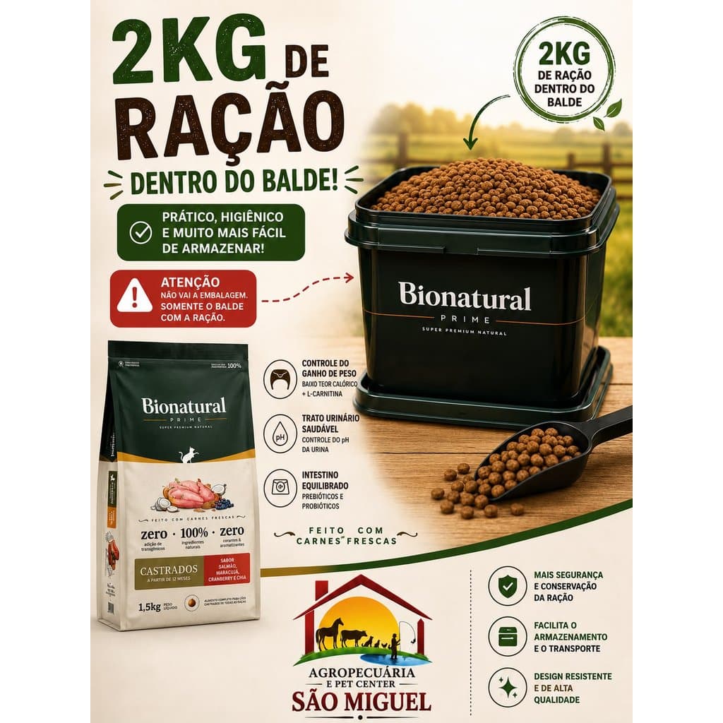 Ração Bionatural Prime Super Premium Gatos Castrados Salmao 2Kg A Granel no Balde