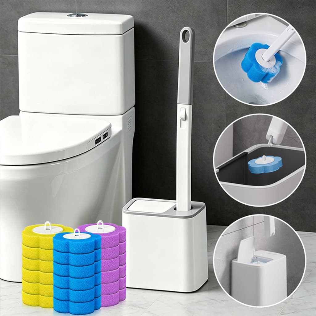 Kit Escova Sanitária Descartável Com 18 Refis De Esponja Já Com Detergente Para Limpeza De Cantos E Canaletas Do Banheir