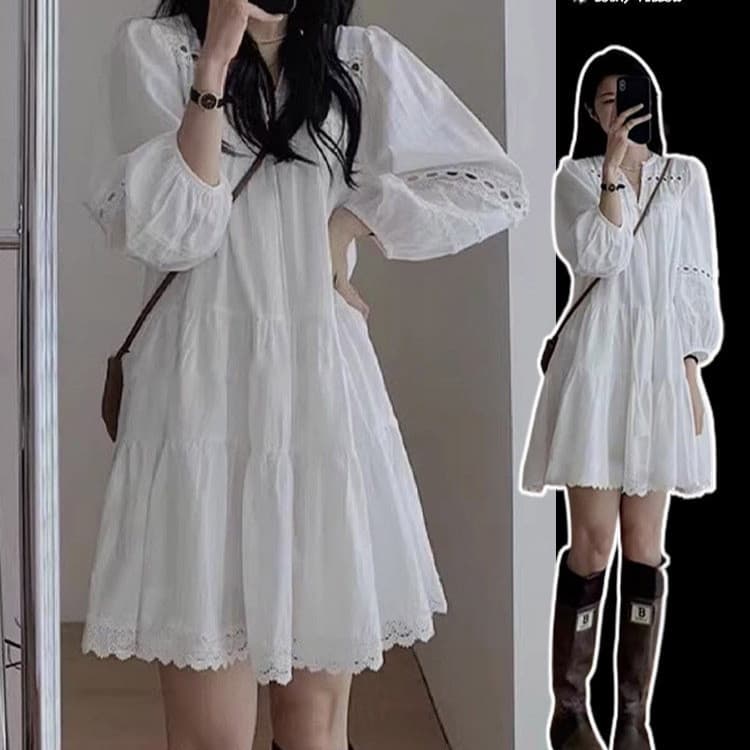 Senhoras A linha de manga comprida boneca vestido solto camisa branca vestido feminino primavera viagem Wear