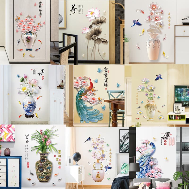 Adesivos decorativos modernos para sala de estar, sala de jantar, quarto, etc. Adesivo 3D estilo chinês com vaso de lótu