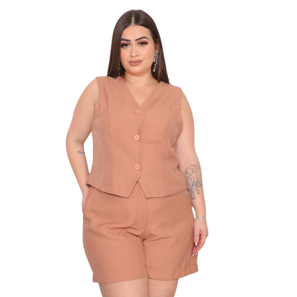 Conjunto Colete e Short Plus Size Feminino, Decote V, Botões, Bolsos, Tecido Marrante Sensorial