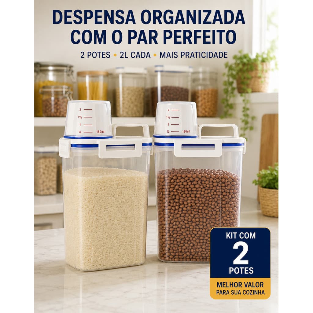 Kit 2 Potes Herméticos 2L com Copo Medidor Bico Dosador Alça Porta Mantimentos Grãos Arroz Cozinha
