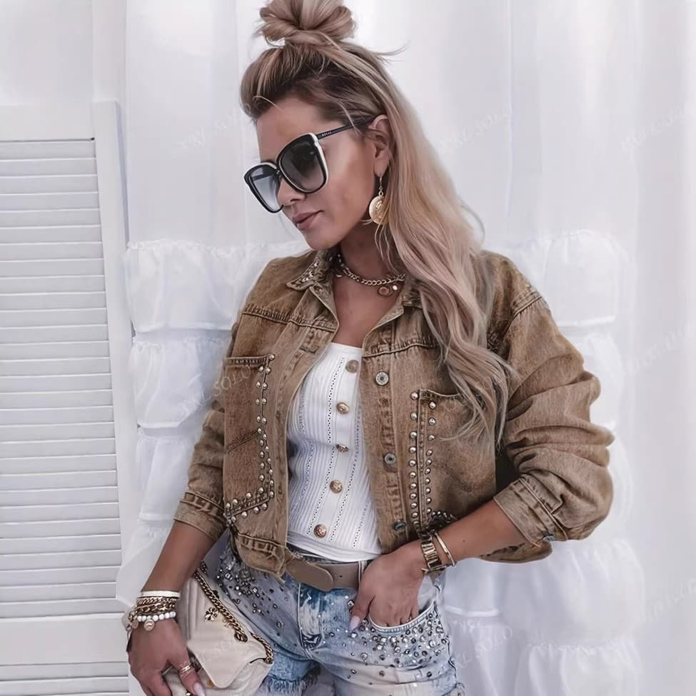 Jaqueta jeans moda rua rebites jaqueta feminina curta