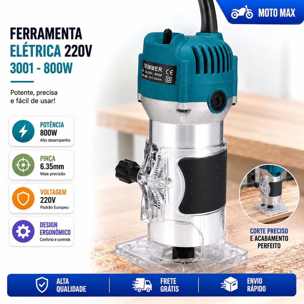 Kit Tupia Laminadora 800W Bivolt 220V Ferramentas Elétricas para Madeira MDF Acrílico com Base Transparente