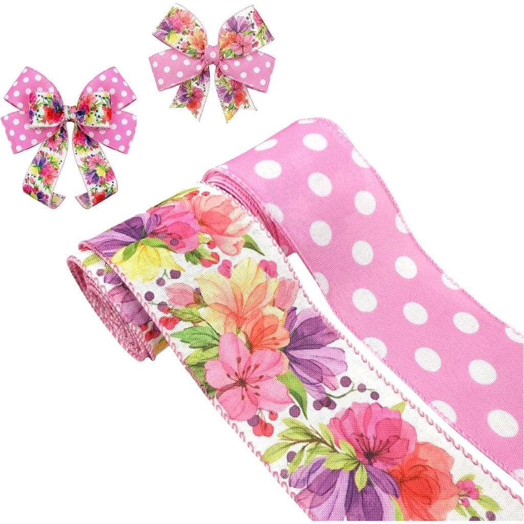 Fita Floral Rosa de Primavera com Arame, 2 Rolos de Fita Decorativa Love Shack com Bolinhas Brancas e Flores Coloridas p