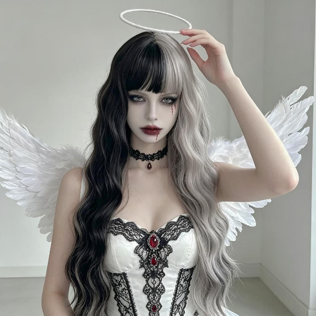 Peruca de cosplay de Halloween em degradê de preto e cinza com franja e ondas, cobertura completa da cabeça em rede resp