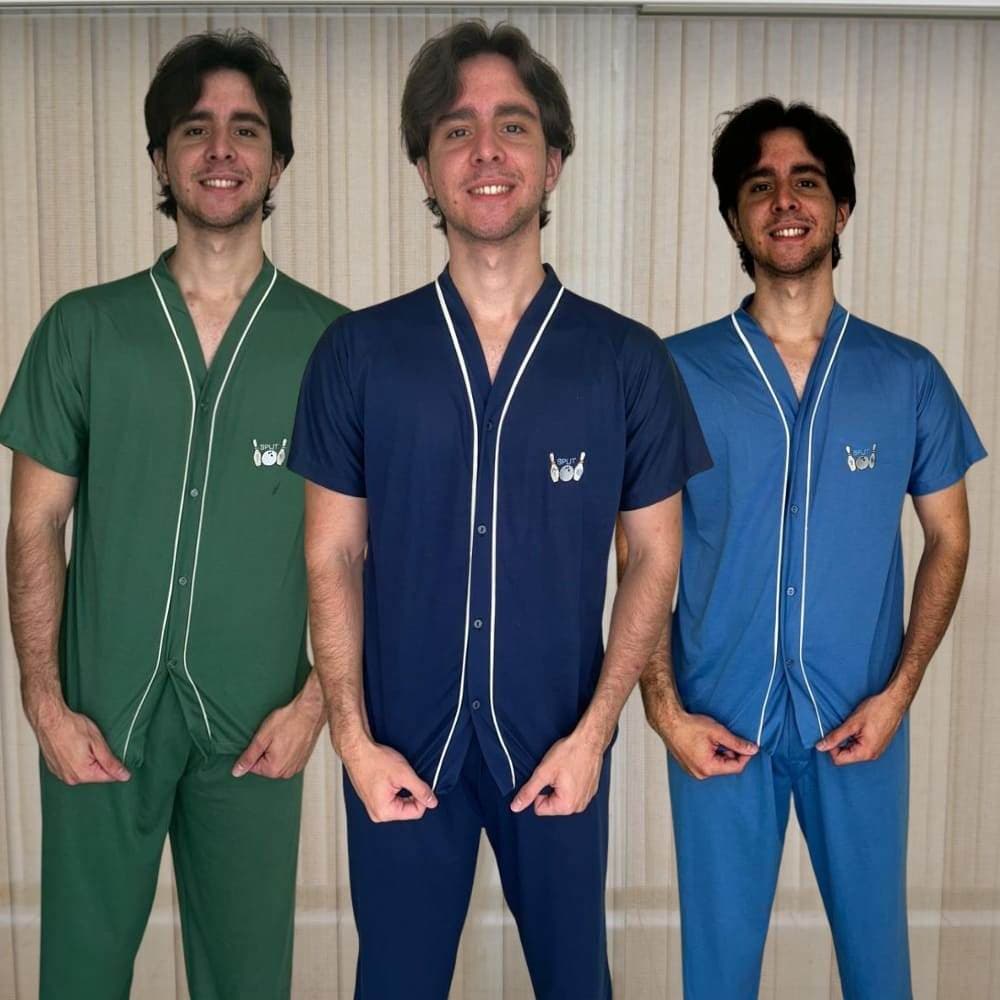 Pijama Masculino Aberto com Botão Calça Longa Manga Curta Confortável para Dormir