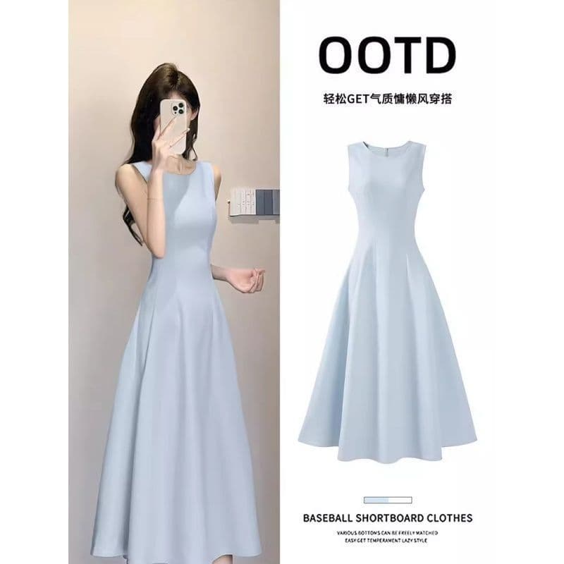 Vestido azul sem mangas feminino verão lindo 2026 dopamina exclusivo lindo linha a crochê cintura saia longa