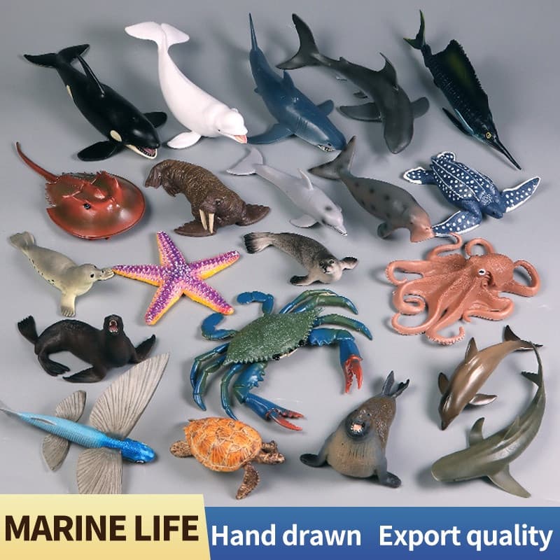 Brinquedos de modelos de animais marinhos: lontra-do-mar, foca, leão-marinho, morsa, tartaruga, caranguejo, estrela-do-m