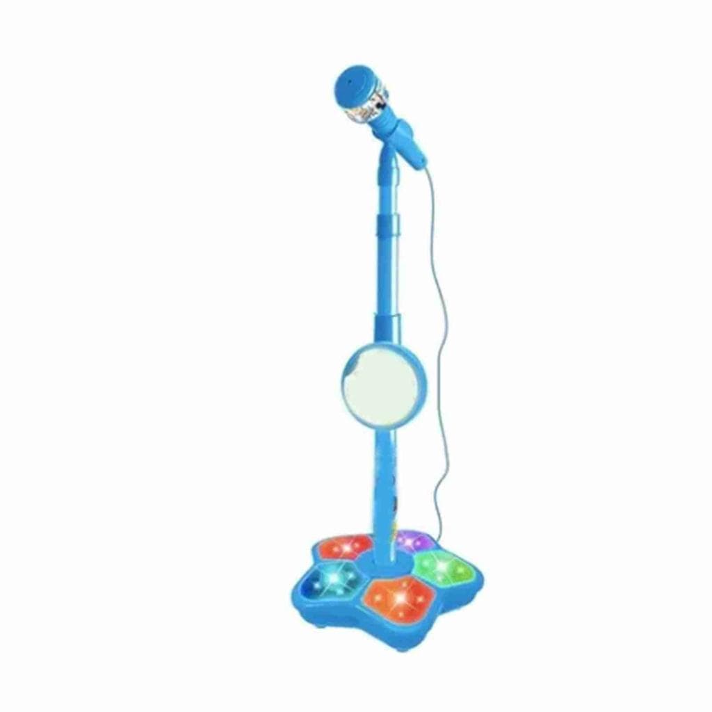 Xixian Microfone infantil com suporte e luzes Microfone de plástico azul para cantar para crianças Brinquedo leve de