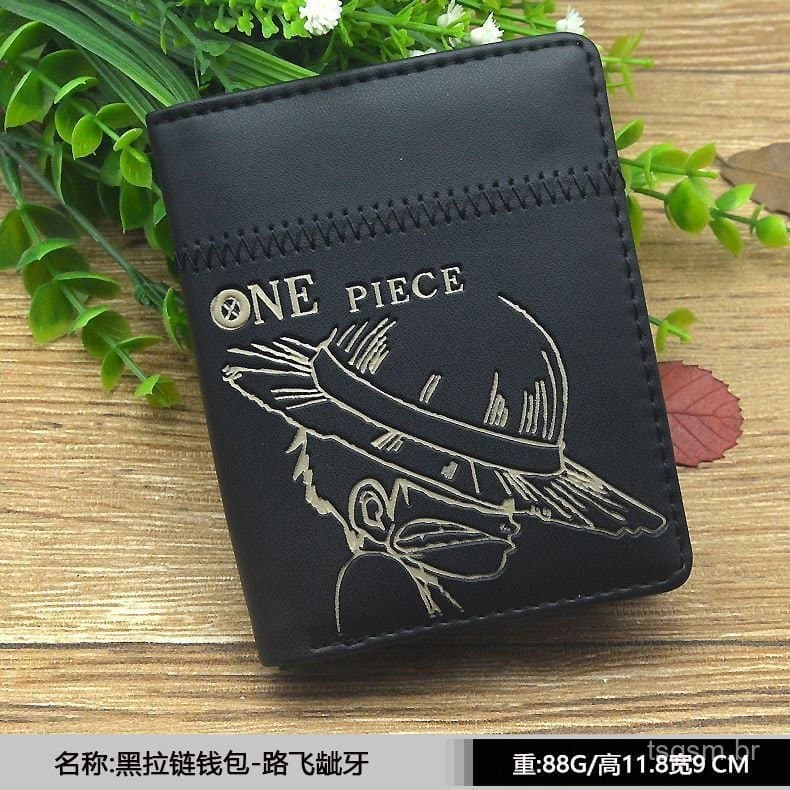 Carteira de PU Preta com Símbolo da Caveira do Luffy de One Piece, Porta-Cartões Multifuncional